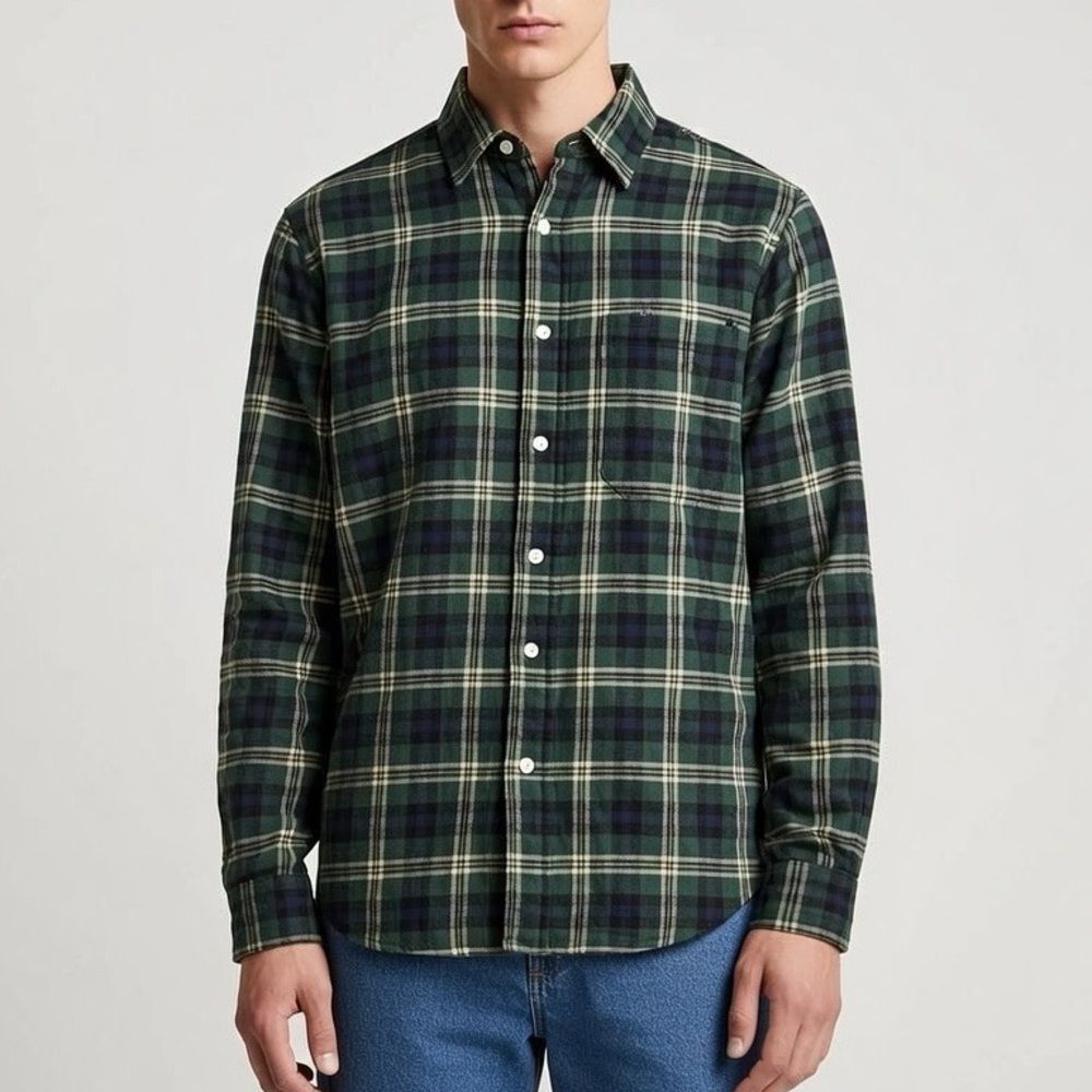 Cotton & Co Green Yellow Plaid Flannel Button Down Shirt Mens Size M